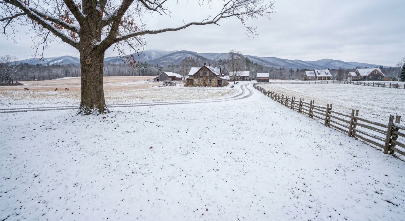 Generated example &mdash; same snowy yard after limb removal, branches cleared, snow-covered lawn (not a real Apical job)